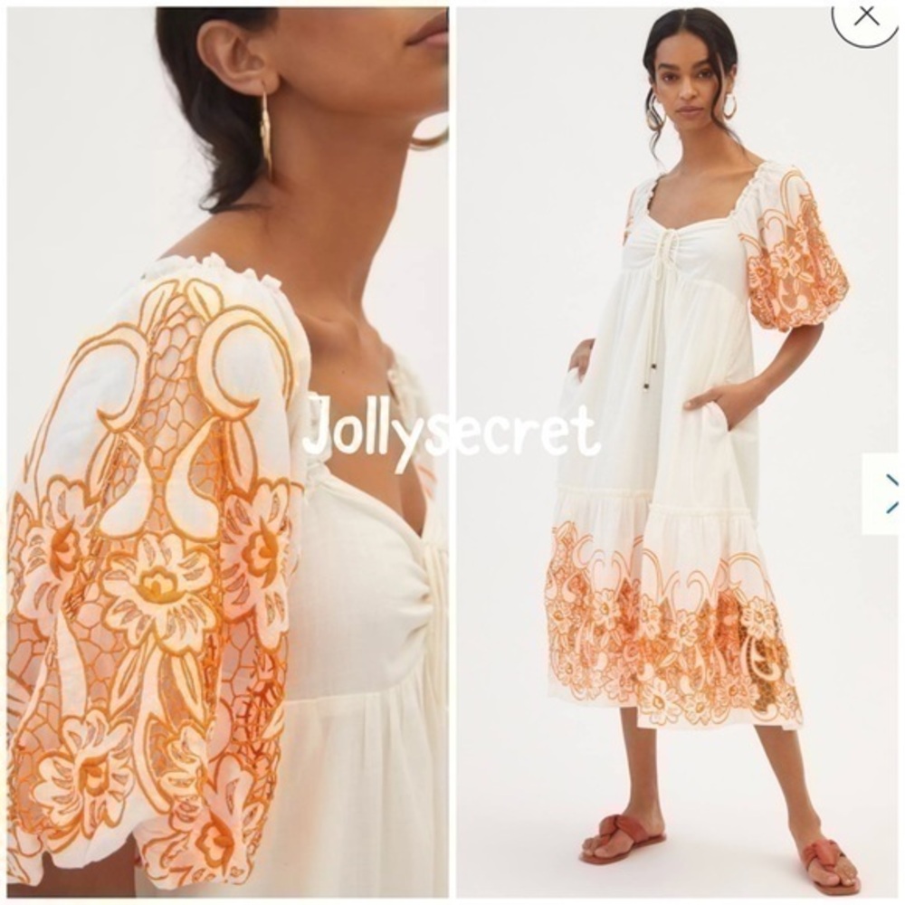 💋 Rare Anthropologie Tina puffed sleeves embroidered maxi dress